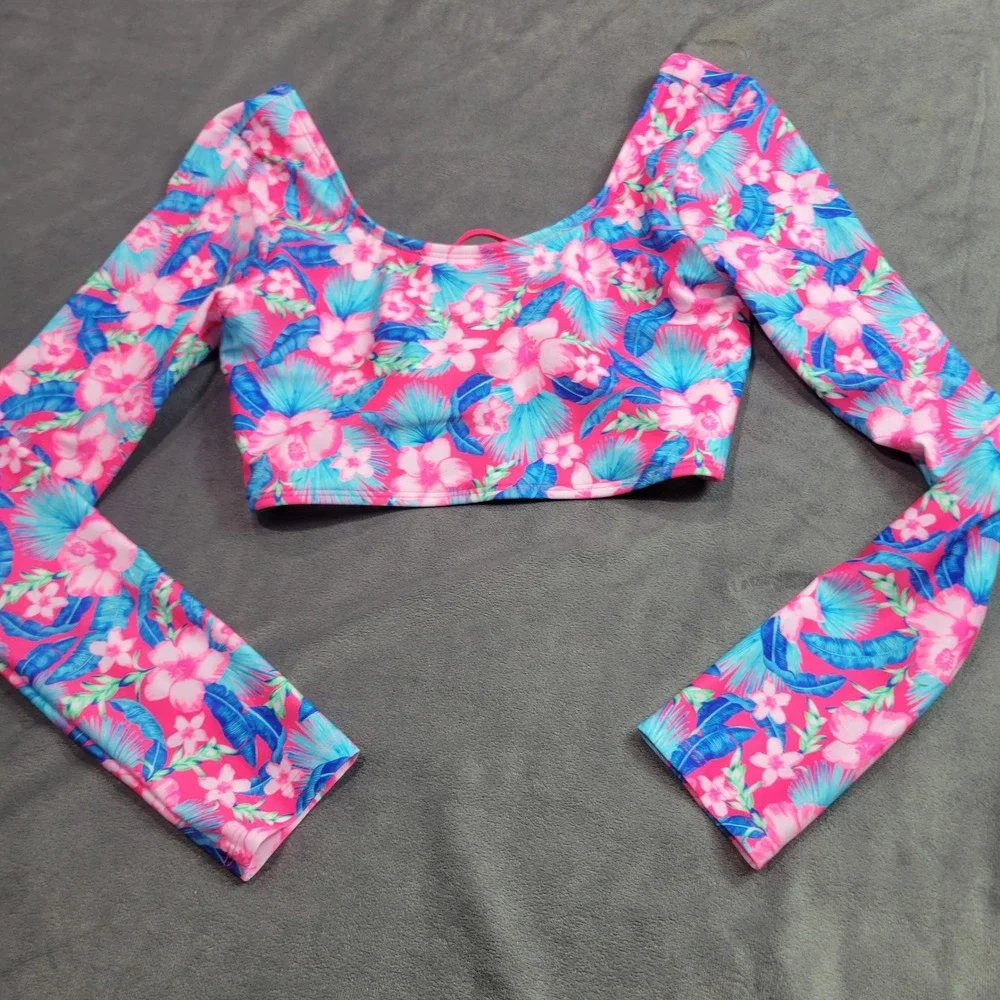 Art Class Girls XL 14 Tropical Floral Long Sleeve Bikini Top Pink Blue 222014967